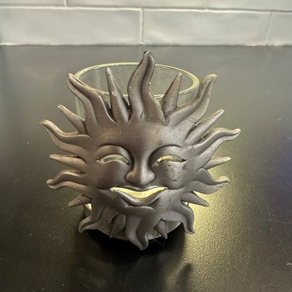 Sun Face Votive Candle Holder Silver Pewter Tone Celestial Boho Glass Insert
